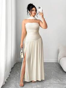Váy dài Elenzga thanh lịch, vải bóng mới, dáng rộng, không dây, xếp ly eo, xẻ tà, thích hợp cho đám cưới, tiệc tốt nghiệp, hẹn hò và kỳ nghỉ - Màu be - Xem 3
