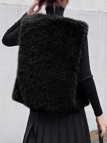 FRIFUL 女士灰色纯色无袖蓬松背心，宽松休闲百搭叠穿蓬松外套，秋季女士外套 - 黑色 - 查看 2