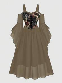 Sweetra Printed Patchwork Bustier Tie Strap Flare Sleeve Plus Size Dress - Camel - View 1