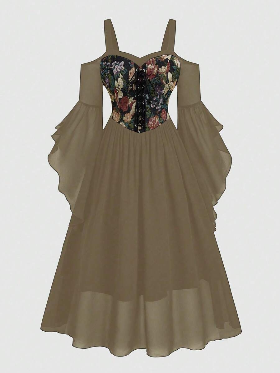 Sweetra Printed Patchwork Bustier Tie Strap Flare Sleeve Plus Size Dress - Camel - View 1