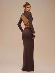 SHEIN BAE 纯色长袖露背系带褶饰优雅连衣裙，适合秋冬季，伴娘服，生日礼服，正式场合礼服，日常穿着 - 棕色 - 查看 1