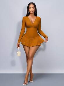 SOLERSUN 女士冬季服装秋季女士日常外出和聚会服装杏色针织纹理面料交叉V领褶皱长袖荷叶边下摆女童连体裤 - 橘色 - 查看 6