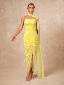 Lumalex Vestido extra largo para mujer con cuello de bufanda, busto fruncido y abertura lateral - Amarillo - Ver 3