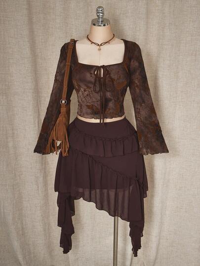 SHEIN ICON 女式秋冬碎花植绒烂花镂空系带领绿色衬衫