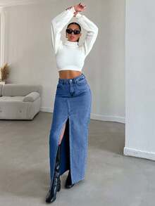 ZIRRA 女式休闲水洗牛仔斜口袋磨边裙，秋季 - 深色水洗藍 - 查看 6