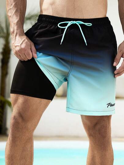 Manfinity Swimmode Calção de banho masculino com estampa de ondas e cordão na cintura, forro de seda leitosa, shorts de praia, estilo havaiano