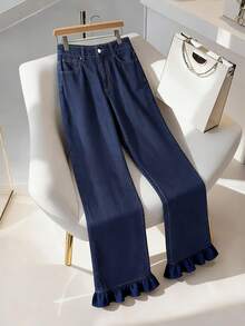 Elamini 女式休闲通勤水洗荷叶边阔腿牛仔裤 - 深色水洗藍 - 查看 1