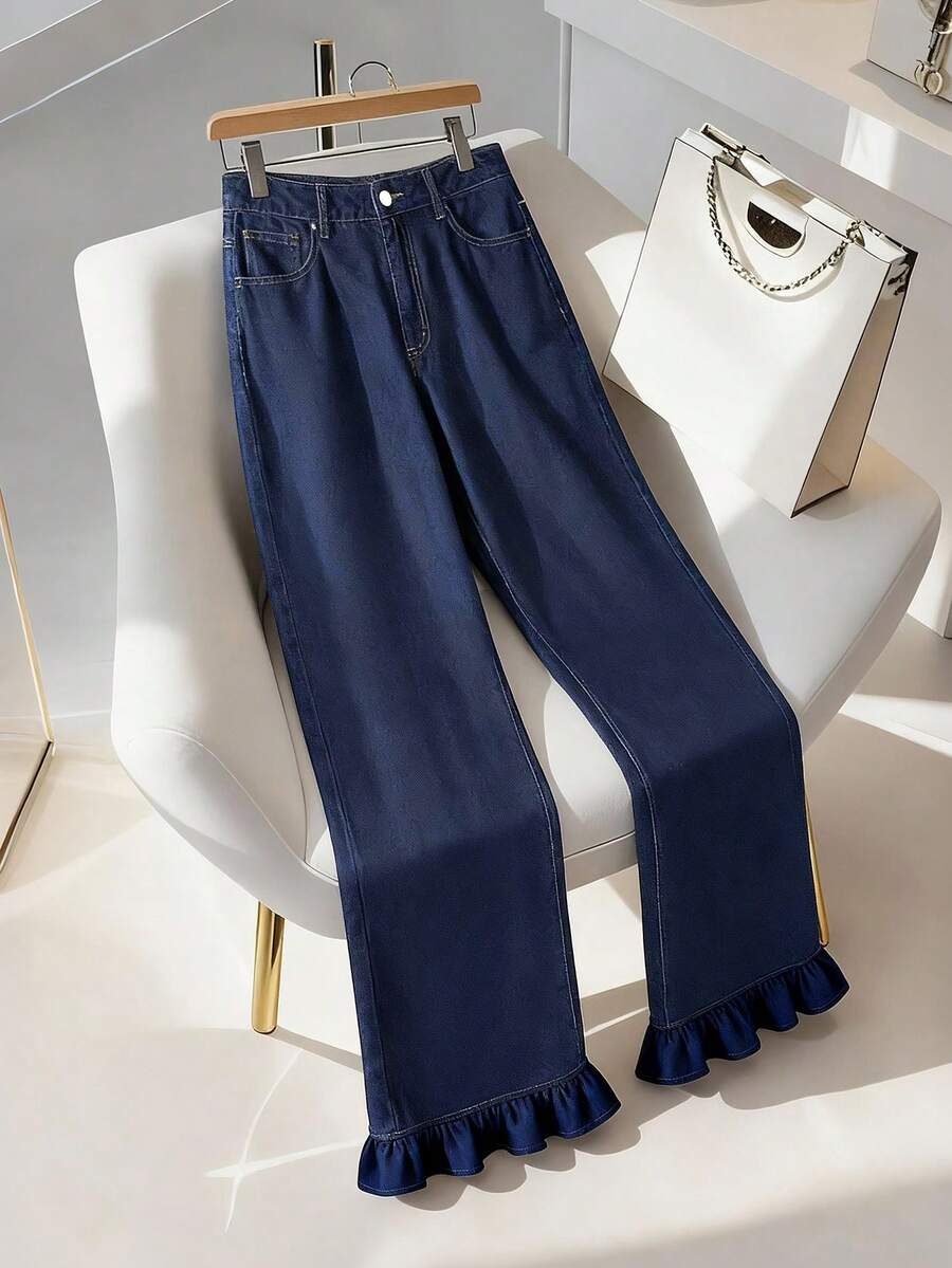 Elamini 女式休闲通勤水洗荷叶边阔腿牛仔裤 - 深色水洗藍 - 查看 1