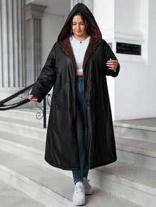 SHEIN CURVE+ Plus Size Front Zipper Long Sleeved Pocket Minimalist Black  Fabric Hooded Jacket, Casual Daily Autumn And Winter Wear, Autumn And Winter Long Jacket - Black - View 6