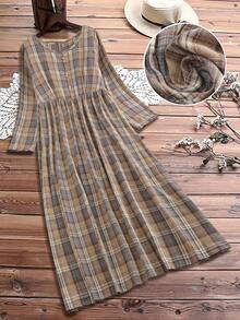 Linhara 大码女式休闲圆领长袖连衣裙，适合户外、日常穿着、乡村、秋冬 - 彩色 - 查看 1