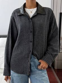 Livesso Camisa casual de mujer a rayas con parche de piel sintética PU, chaqueta de manga larga de mezcla de lana de corte holgado, adecuada para uso en la oficina en otoño e invierno - Gris Oscuro - Ver 4