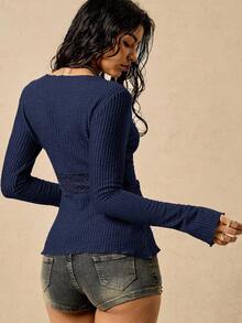 Easelle Women's Lace Patchwork Bohemian Y2K Sexy V-Neck Curved Hem Brown Long Sleeve T-Shirt - Navy Blue - View 2