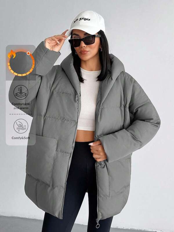 EURMUSE Woman Solid Color Woven Padded Insulated Regular Length Big Pockets Zip Up Front Hoody Neck Casual Winter Jacket Coat