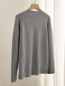 SHEIN LUNE Women's Solid Color Metal Button Design Raglan Sleeve Casual Pullover Sweater, Autumn/Winter - Grey - View 2