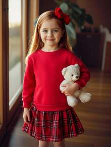 SHEIN Young Girls' Red Plaid Skirt Set,Long Sleeve Sweatshirt Dress,Winter Princess Outfit For Birthday & Back-To-School,Autumn Two Piece Kids Clothes Set - Red - View 4