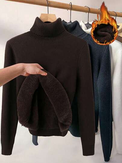 SHEIN LUNE Büyük Beden Düz Renk Minimalist Balıkçı Yaka Uzun Kollu Kazak