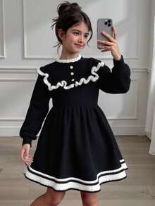 SHEIN 青少年女孩时尚黑色针织长袖毛衣裙，秋冬休闲针织裙 - 黑色 - 查看 6