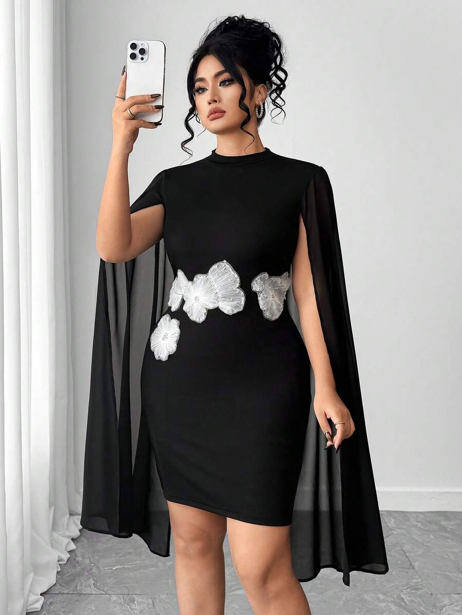 Elenzga Plus Size Women's Black And White Dress,Autumn Elegant Formal Chinese Style Fashionable Casual Dress For Party,Gathering,Resort,Christmas - Black - View 1