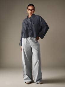 MISSGUIDED Cropped Button Front Denim Shirt Chest Pocket Long Sleeve Collared Jacket - Grey - View 5