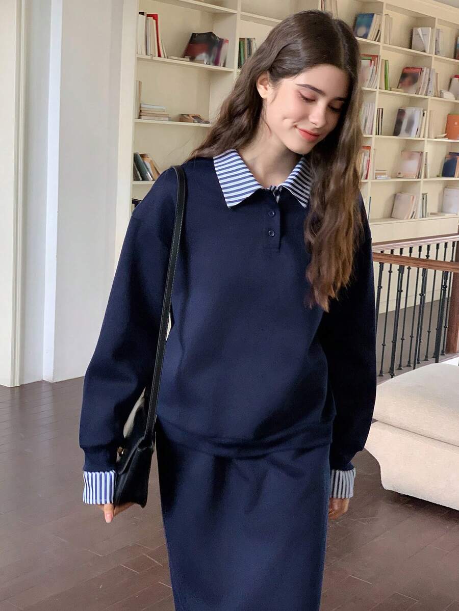 Dazy Kids Teen Girl Striped Print Long Sleeve Sweatshirt And Mini Skirt Set