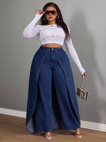 Slaydiva Quần ống đứng chắp vá denim màu xanh không co giãn phong cách cowgirl cỡ lớn mùa đông cho nữ - Rửa tối - Xem 6