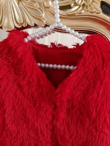 SHEIN Chaqueta corta y esponjosa de unicolor minimalista para niñas, adecuada para salidas en otoño/invierno - Rojo - Ver 5