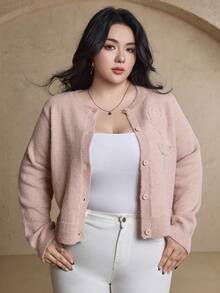 Dazy Plus 時尚休閒 3D 花卉裝飾圓領厚針織開襟毛衣，大尺碼女款，秋冬長袖上衣 - 粉色 - 查看 4