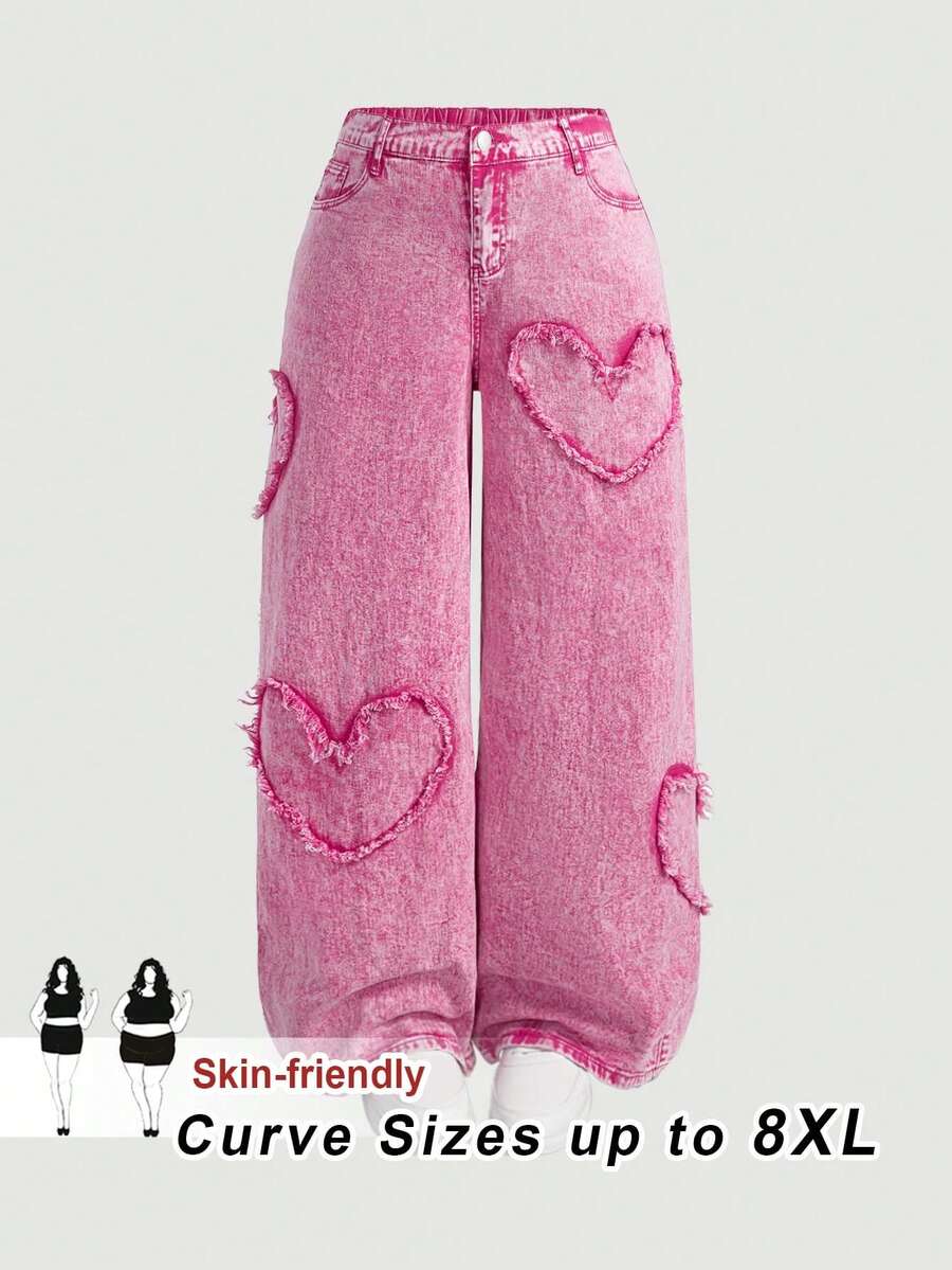 SHEIN CURVE+ 女士加大码粉色爱心时尚牛仔裤,适合秋冬季节、圣诞节、新年等场合穿着。 - 玫紅色 - 查看 1
