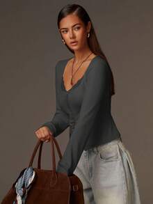 Athîral Top casual de mujer de color liso con cuello en V, patchwork de encaje y mangas raglán, ajuste ceñido - Gris Oscuro - Ver 1