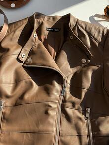 Comfortcana Autumn And Winter Women's Casual Brown Zipper Pu Motorcycle Jacket Coat - Brown - View 5
