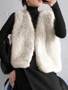 FRIFUL 女士灰色纯色无袖人造毛皮背心，宽松休闲百搭叠穿人造毛皮外套，秋季女士外套 - 米色 - 查看 5