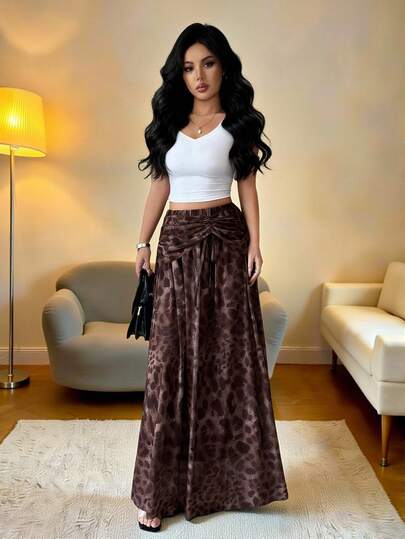 Rafferiza 女士优雅棕色豹纹半身裙，舒适保暖，适合2025年秋冬季圣诞节、新年、感恩节派对等场合。