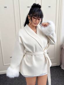 CovetEZ Plus Size Women's Autumn/Winter Shawl Neck Belted Fuzzy Cuff Overcoat - Beige - View 3