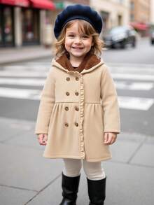 Souflis Souflis 2025秋冬法式休闲卡其色长袖连帽抓绒外套，适合外出、上学及各种场合。女婴秋季服装外套冬季外套女婴夹克女婴外套女婴冬季外套女婴外套 - 卡其色 - 查看 2