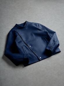 Manfinity EMRG Men's Oblique Button Long Sleeve Jacket, Asymmetrical Button Design Casual Jacket, Recommended Gift For Husband, Boyfriend, Friend Blue Bomber Jacket Cropped Men Jacket Cropped Zip Up Men Cropped Blazer Navy Blue Jacket - Navy Blue - View 6