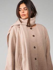 MISSGUIDED Button Front Scarf Collar Wool Blend Overcoat Winter Outerwear Jacket With Matching Scarf - Khaki - View 5