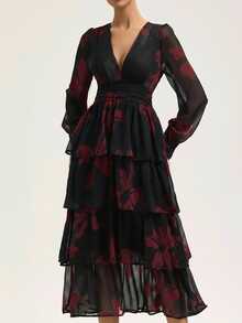 Revavyn 优雅淑女分层蛋糕连衣裙 V领雪纺拉丝印花长袖连衣裙/随机印花 - 彩色 - 查看 4