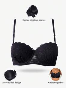 1pc Lace Padded Underwire Bra For Women - Black - View 5