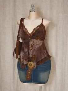 SHEIN ICON 女士加大码性感度假复古波西米亚风植物系列田园风棕色网纱花朵植绒拼接蕾丝V领串珠不对称下摆吊带背心 - 彩色 - 查看 8