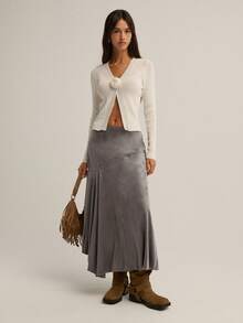 Nöista Grey Solid Midi Skirt,Soft Suede Texture Autumn Casual Hiking Gentle Flared Silhouette,Subtle Diagonal Seam Sophisticated Winter Evening Skirt - Grey - View 6