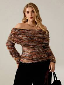 Auralis 大码女式性感优雅Y2K休闲露肩褶皱修身长袖针织毛衣，适合日常穿着，秋冬春季大码服装，大码套头衫，大码露肩上衣，露肩毛衣，大码毛衣，露肩长袖针织衫，针织上衣，女式毛衣，女式毛衣 - 棕色 - 查看 2