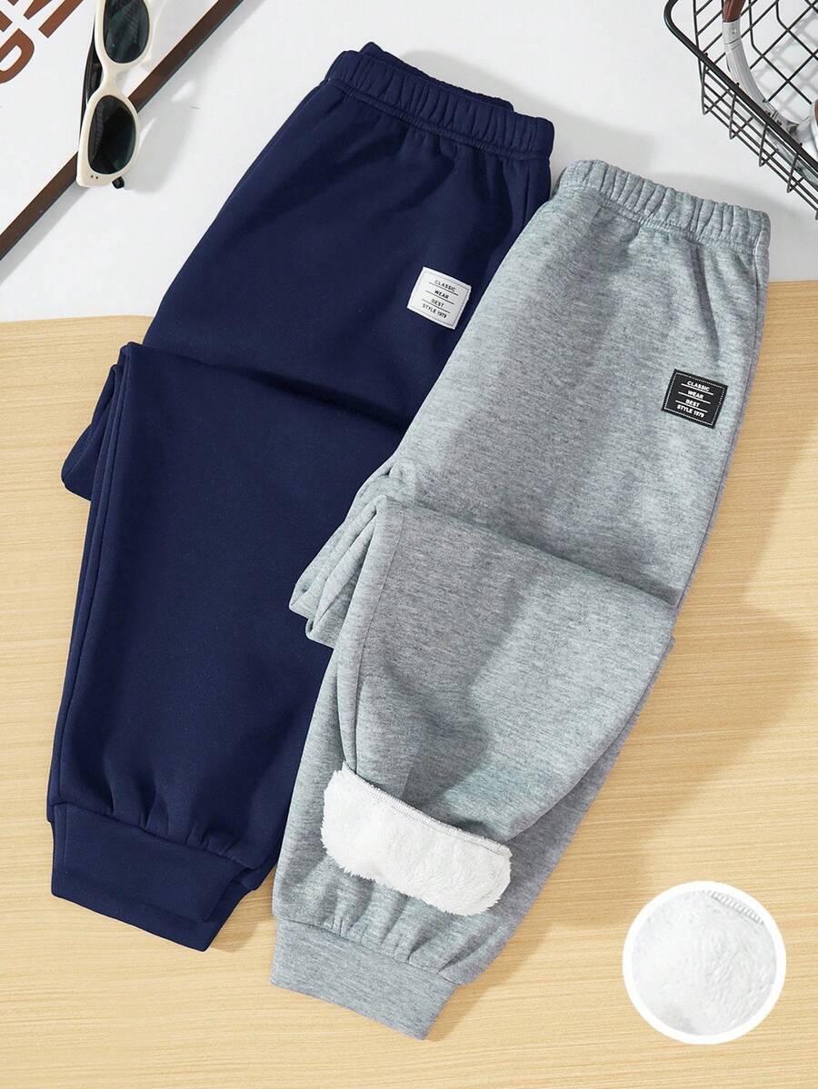 SHEIN 2pcs Tween Boy Casual Style Contrast Stitching Thermal Lined Sweatpants, Suitable For Autumn/Winter,Thanksgiving,Christmas,Winter,Winter Clothes,Cozy Fall & Winter Styles, - Navy Blue - View 1