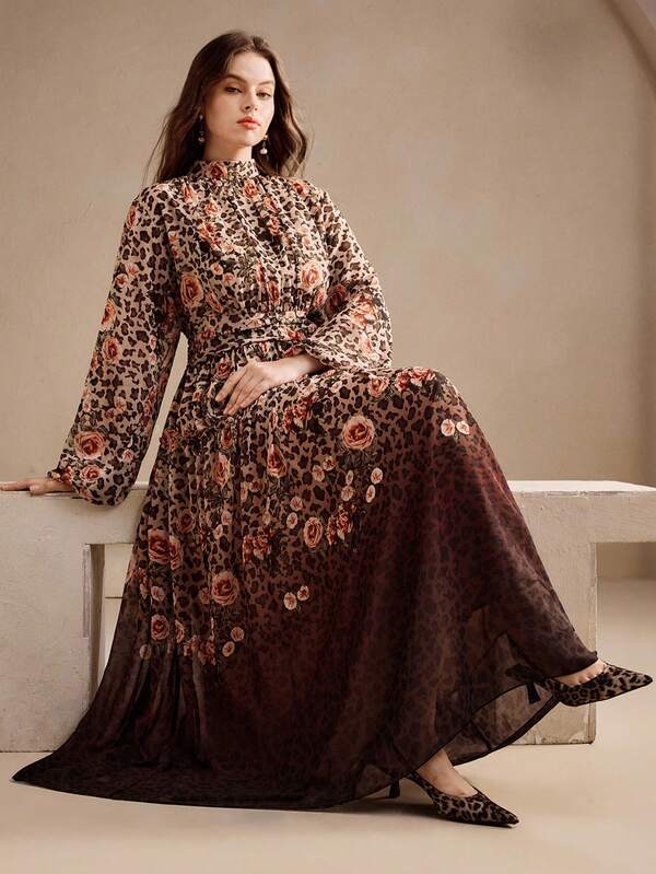 Anewsta Plus Size Women's High-End Leopard Print Gradient Dye Vintage Stand Collar Long Dress, Autumn/Winter
