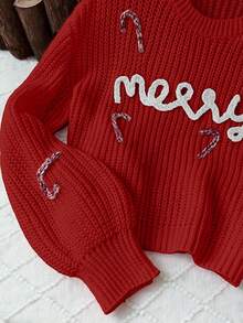 1pc Girls Merry Christmas Embroidered Letter Oversized Crew Neck Knit Sweater,Casual Autumn Red Pullover,Family Matching Red And White Gingham Tween - Red - View 4