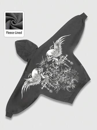 Goth sweat-shirt à capuche décontracté à manches longues, doublé thermique avec imprimé crâne pour hommes, automne/hiver