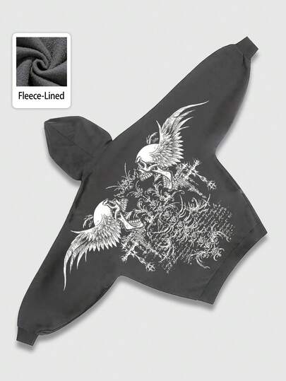 Goth بلوزة هوديي كاجوال بأكمام طويلة مبطنة حرارياً مع رسم جمجمة، للخريف والشتاء