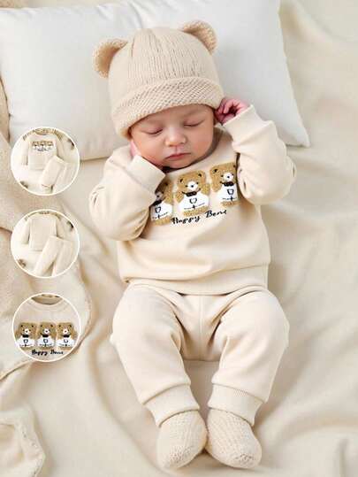 SHEIN Korean Style Newborn Baby Cartoon Bear Embroidered Sweatshirt And Matching Comfy Casual Long Sleeve Pants 2 Pieces Outfit Set Fall Winter