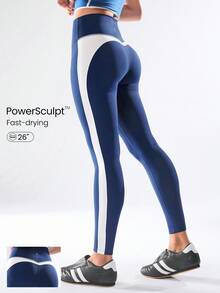GLOWMODE 26" Powersculpt™  Shine Stretchy Breathable High Compression Quick-Dry Color Block Leggings Training Running Outdoors Daily Active Wear Spring Summer - Dark Blue - View 1