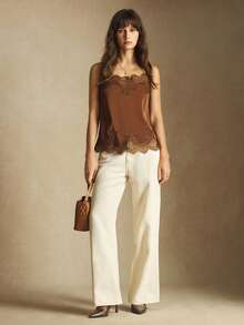 BizChic 2025 秋冬新款可调节细肩带不对称蕾丝拼布缎面衬衫，优雅别致的办公室休闲正装，适合派对、婚礼、海滩、节日、感恩节、圣诞节星期五