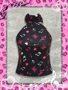 Y2Kool Babi Basques 黑色爱心、音符、蝴蝶、Y2K、少女风女式露背上衣，适合夏季、度假、派对、聚会、日常休闲穿着 - 黑色 - 查看 5